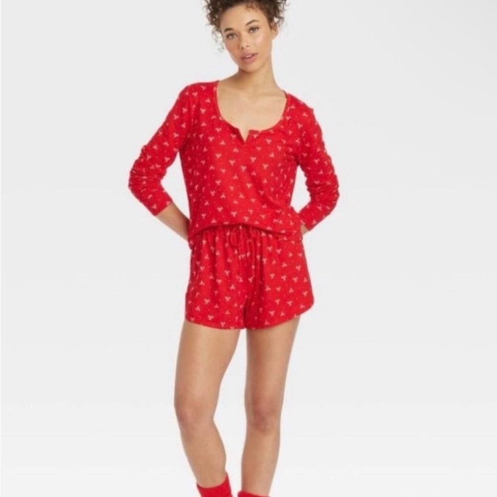 Colsie Red Bows Long-Sleeve  Top & Drawstring Shorts Pajama Set